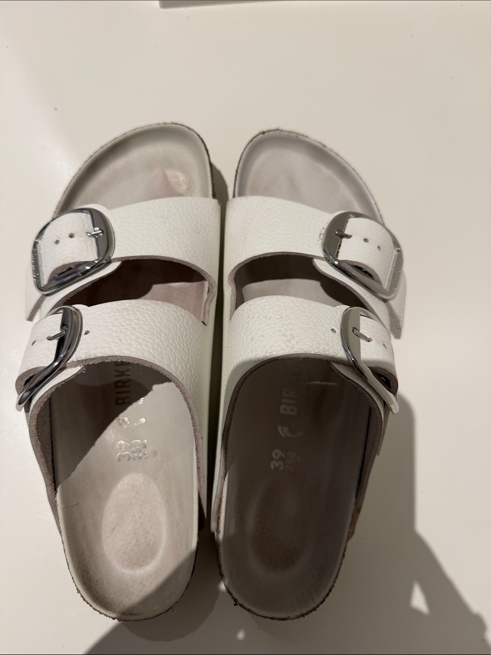 Birkenstock White Double-Buckle Slides with Silver Buckles - Size 39
